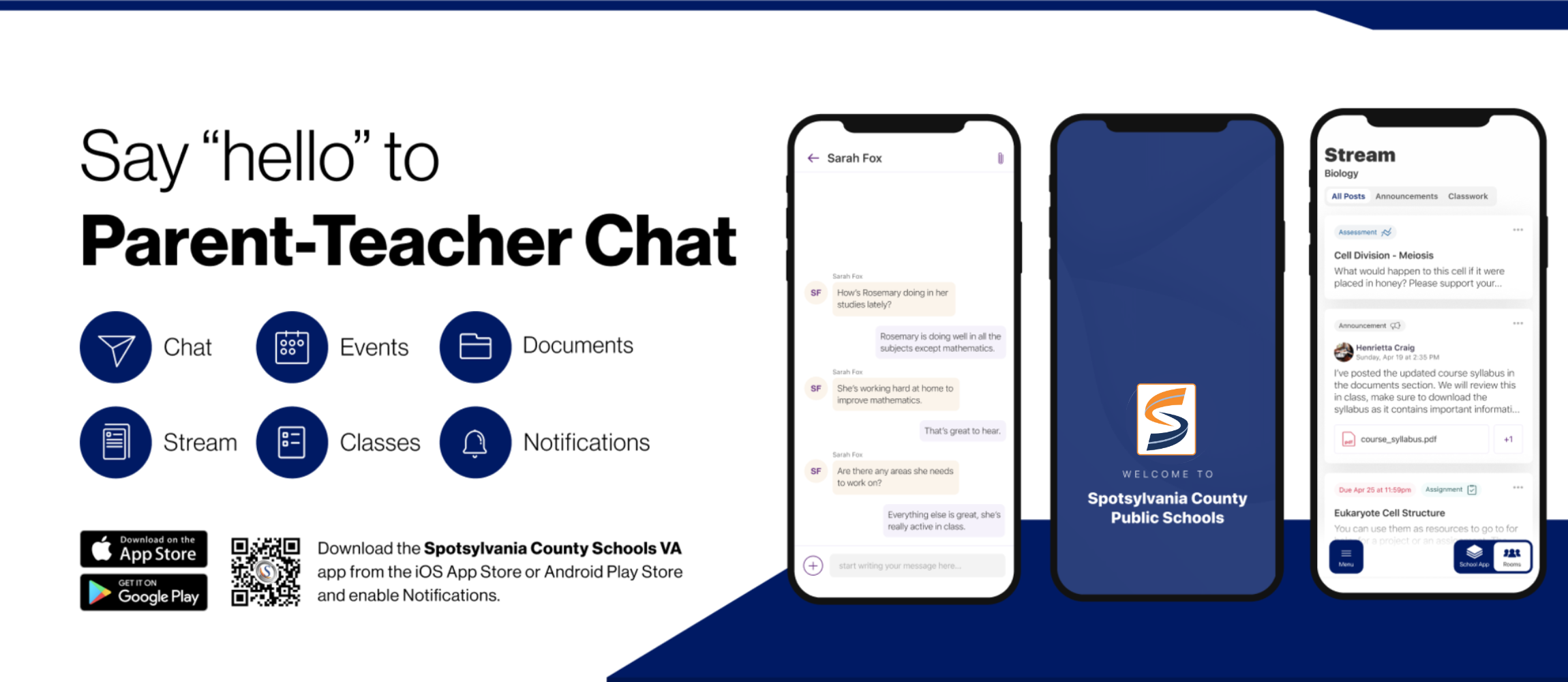 Say hello to Parent-Teacher chat in the new Rooms app. Download the Spotsylvania County Public Schools app in the Google Play or Apple App store.