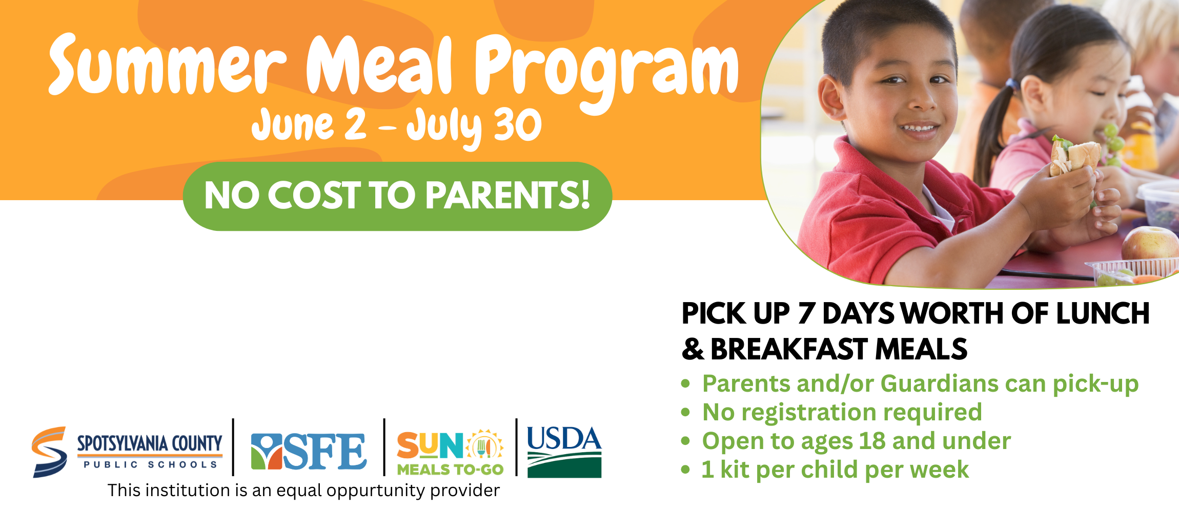 A flyer for a Summer Meal Program. It includes a photo of a child and information about meals.