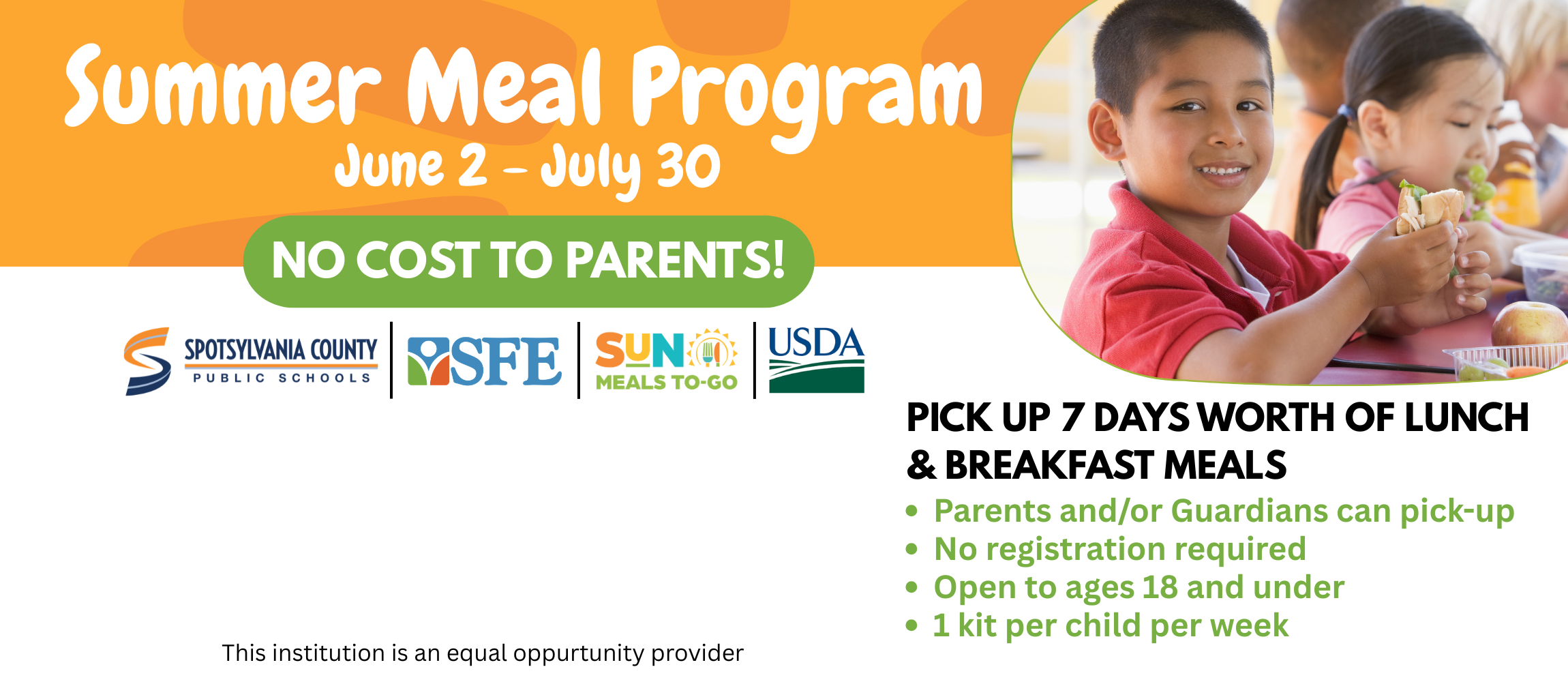 Poster with a child eating. Text reads "Summer Meal Program June 2 - July 30". More information below.