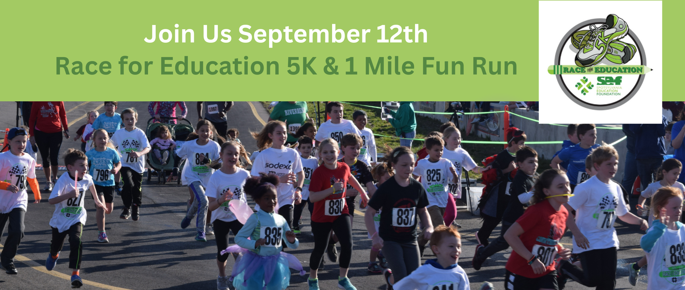 A group of children participate in a fun run with green banners reading "Join Us September 12th" and "Race for Education 5K &amp; 1 Mile Fun Run".