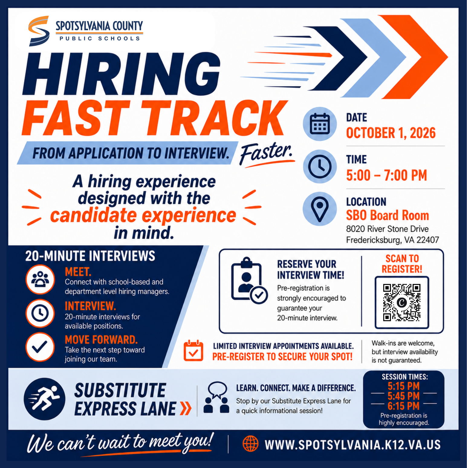An ad for hiring fast track, with event details such as date, time, and location. It also has information on 20-minute interviews.