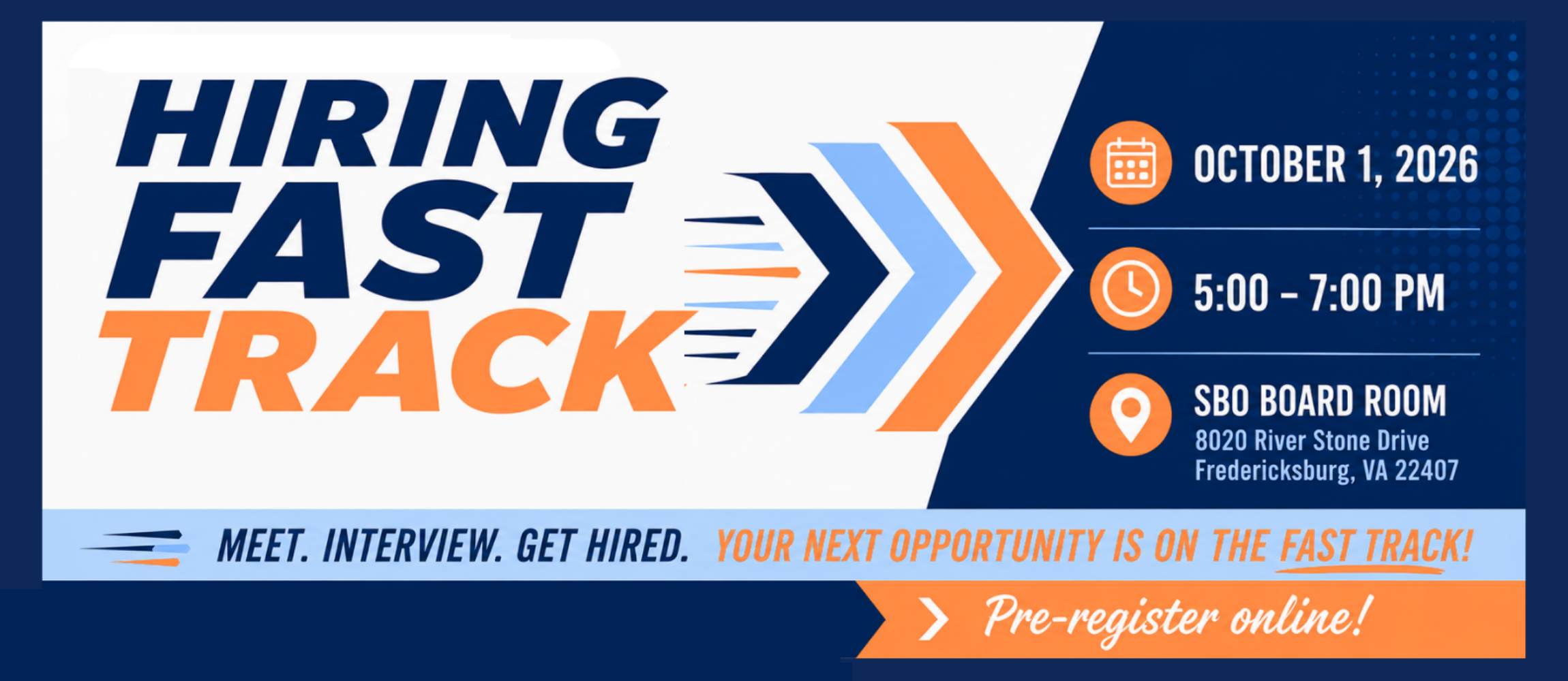 An advertisement poster on blue and white background. It reads "Hiring Fast Track" with date, time, and location.