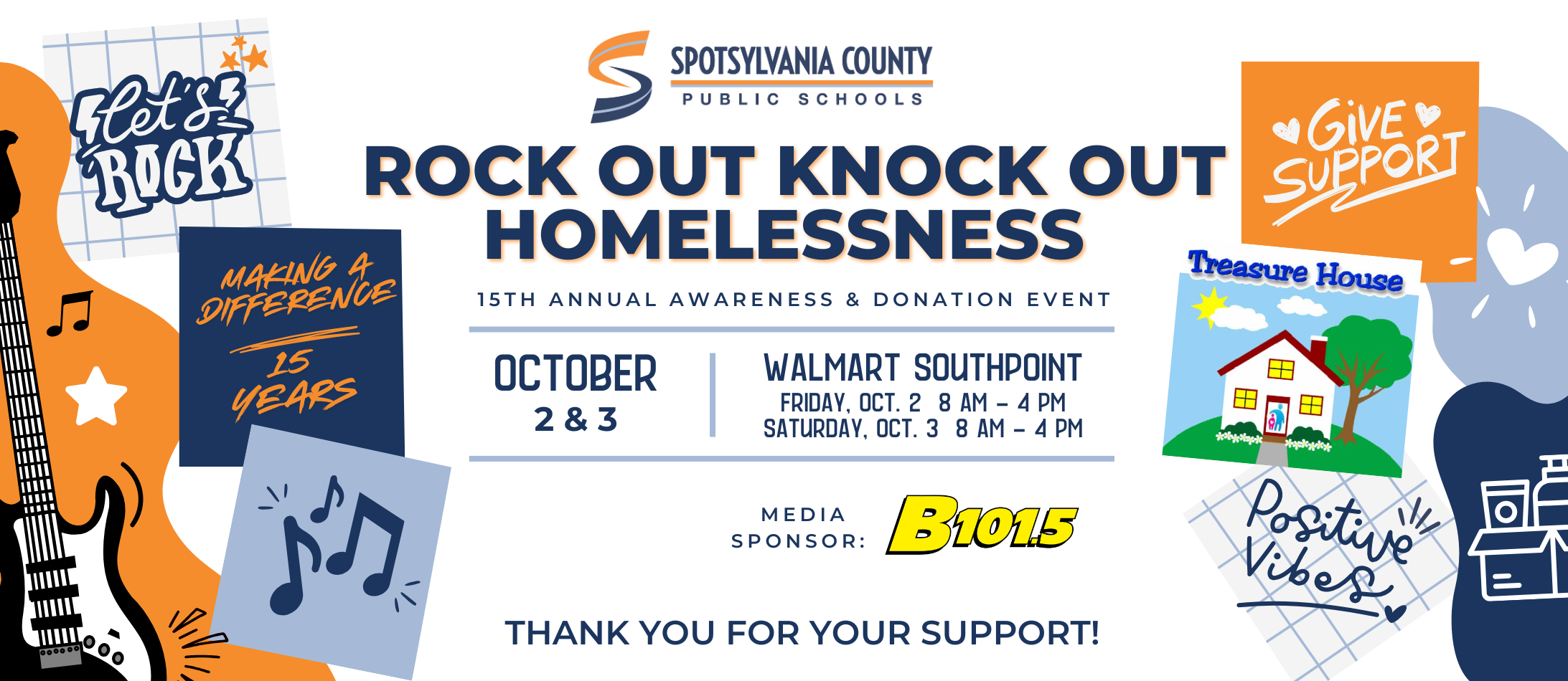 Bright poster with "Rock Out Knock Out Homelessness" in bold. Features guitar, notes, and house icons. Date and sponsors listed.