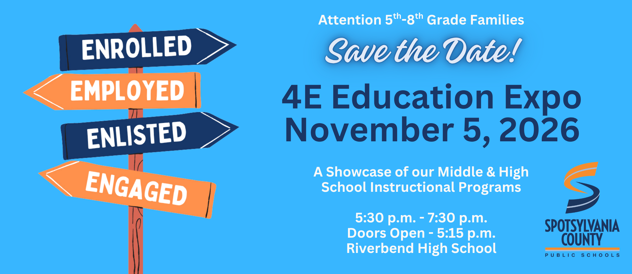 A blue poster with four road signs reading "Enrolled", "Employed", "Enlisted", and "Engaged". Event details below.