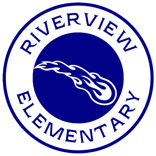 Circular blue and white logo with "Riverview Elementary" in blue text. An orange flame graphic is centered within the circle.