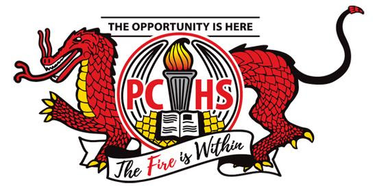 The PCHS logo, a dragon with the words "the opportunity is here," "the fire is within," "PCHS"
