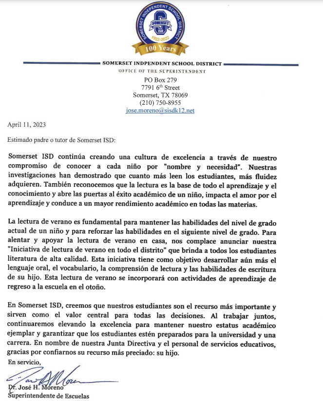 Superintendent Letter Spanish