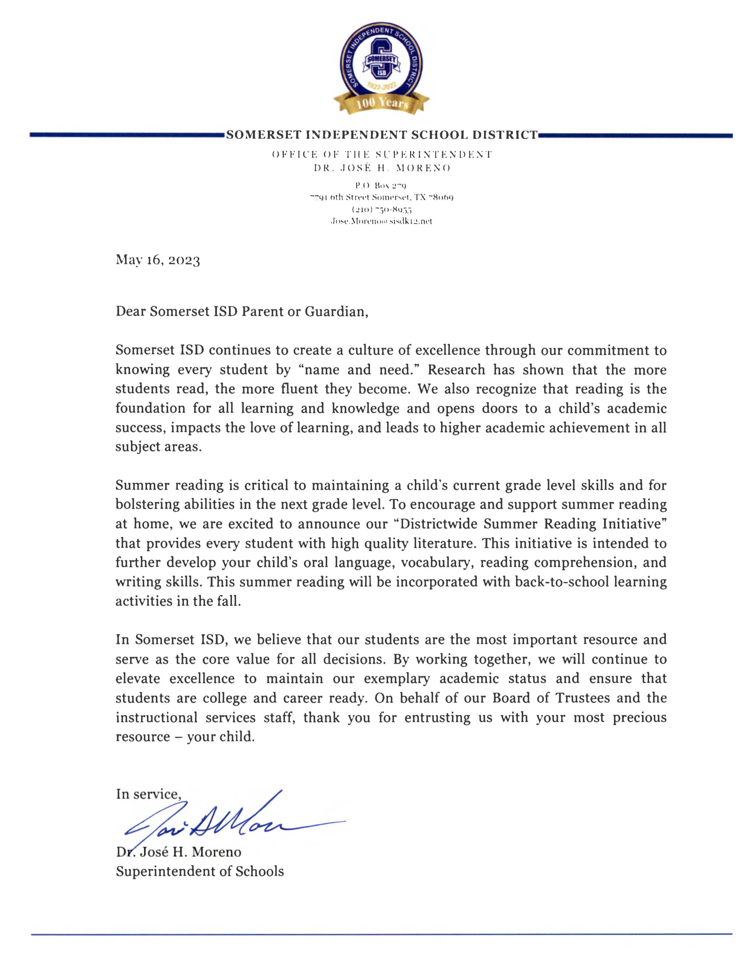 Letter from Dr. Moreno