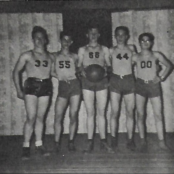 Five young men in sports uniforms, numbered 33, 55, 58, 44, and 00, stand together for a team photo.