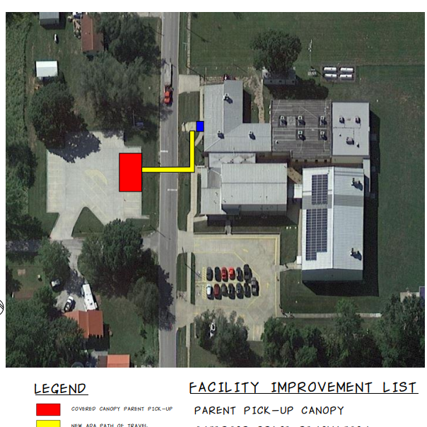 Floor plan of a building with various sections labeled, and a diagram of a building with a yellow line showing an improvement area.