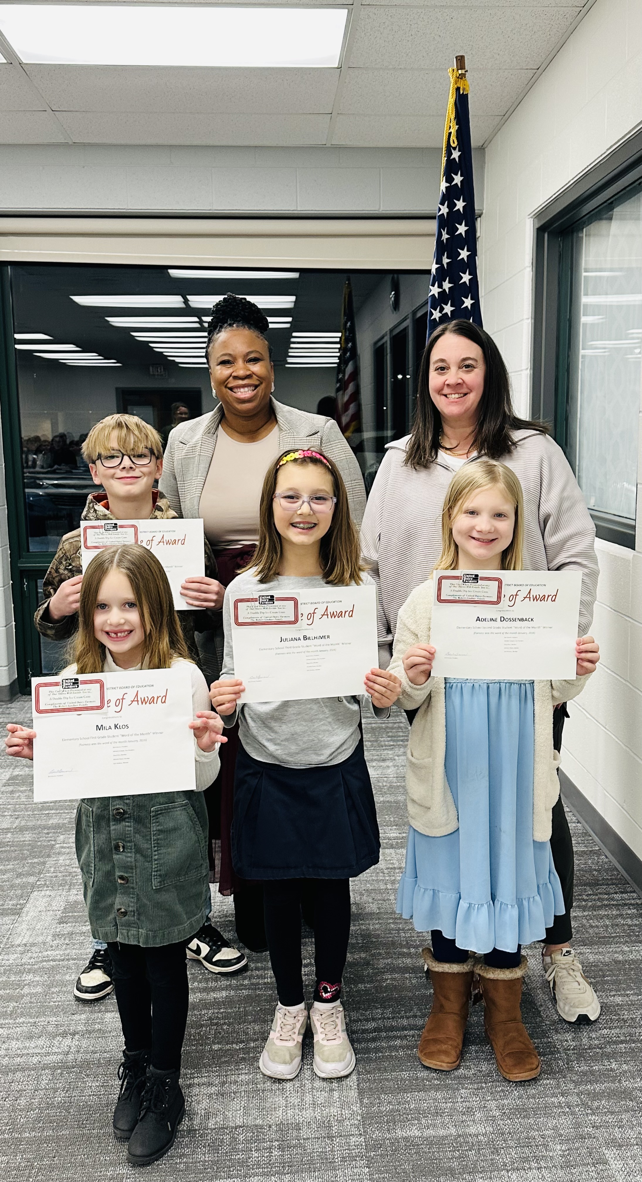 Batavia Elementary School Word of the month winners being recognized at the February 2026 Board Meeting holding certificates