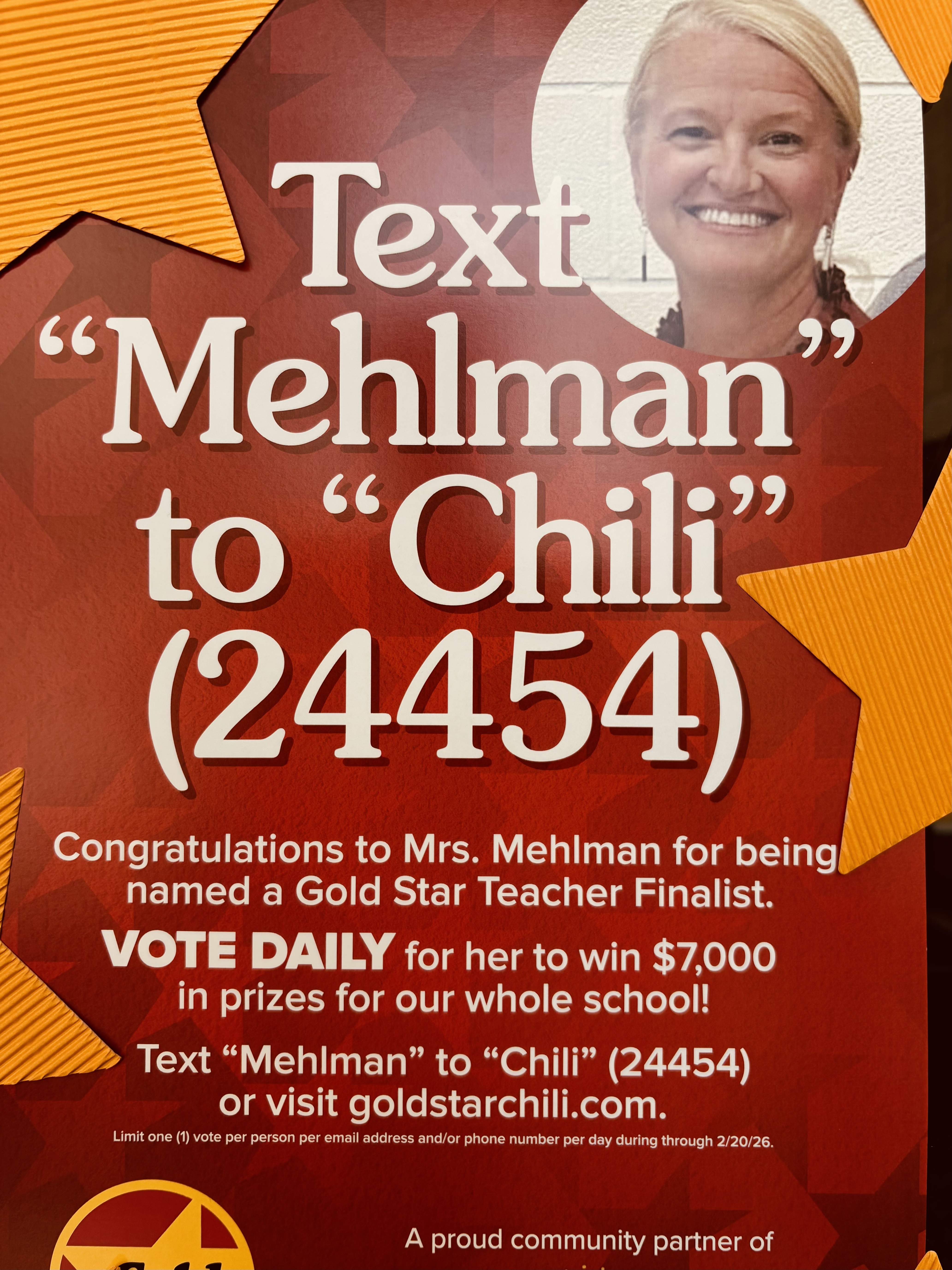 Jodi Mehlman gold star teacher of the year voting flyer