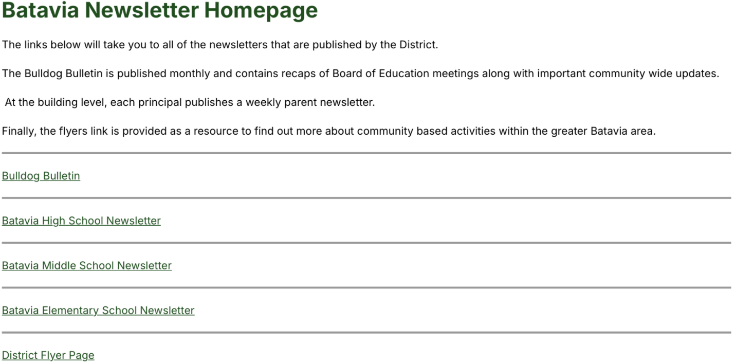 imaged of the newsletters section of the batavia local school district website
