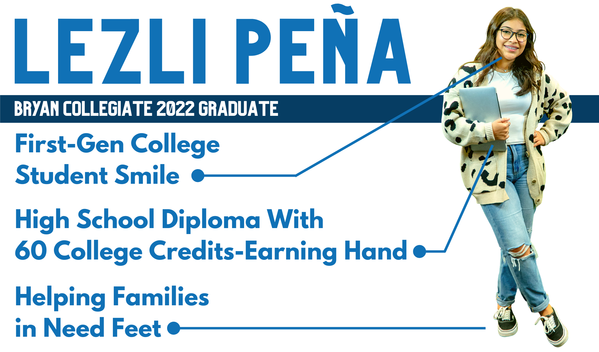 Meet Lezli Peña Bryan Collegiate 2022 Graduate. First Gen College Student Smile. HIgh School Diploma with 60 College Credits Earning Hand Helping Families in need feet