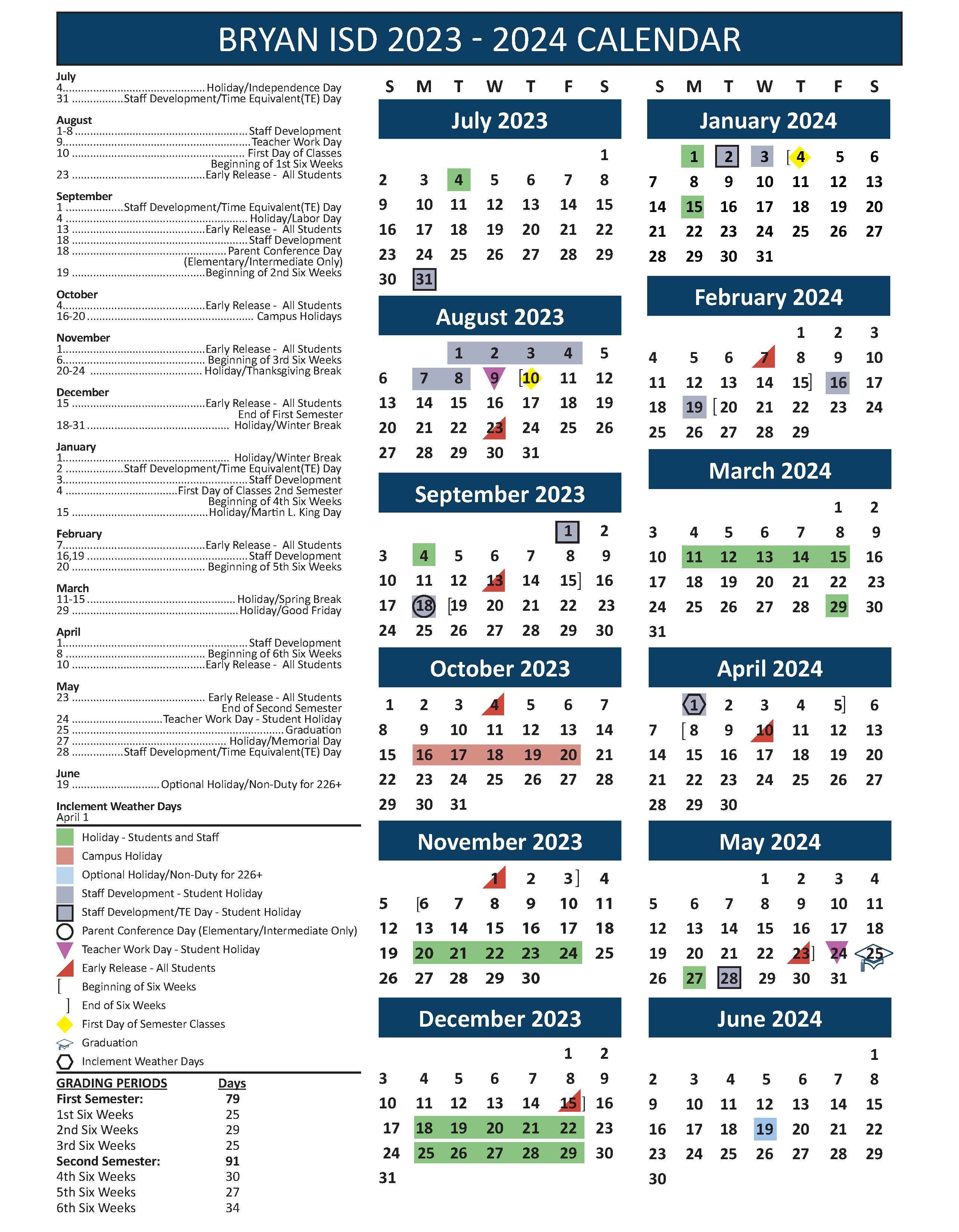 Bryan ISD 2023-2024 Academic Calendar