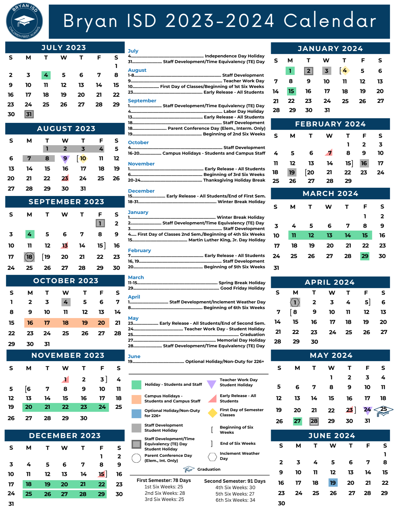 Bryan ISD 2023-2024 Academic Calendar, updated 5.5.23
