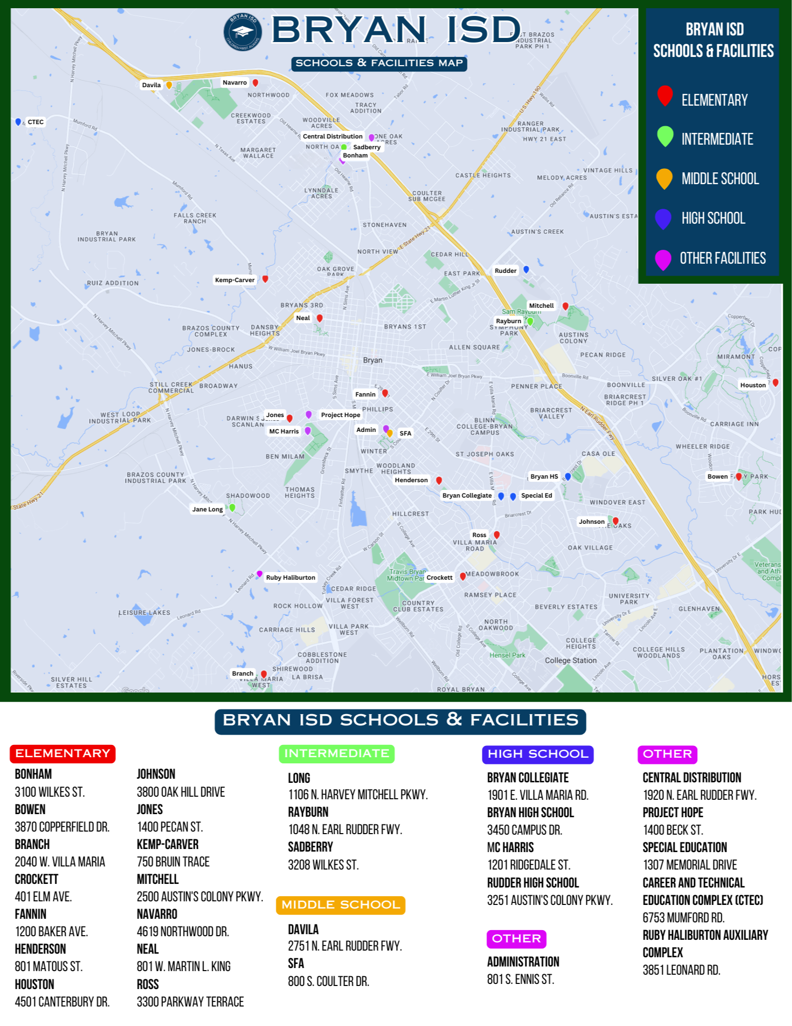 Bryan ISD Map of Campuses