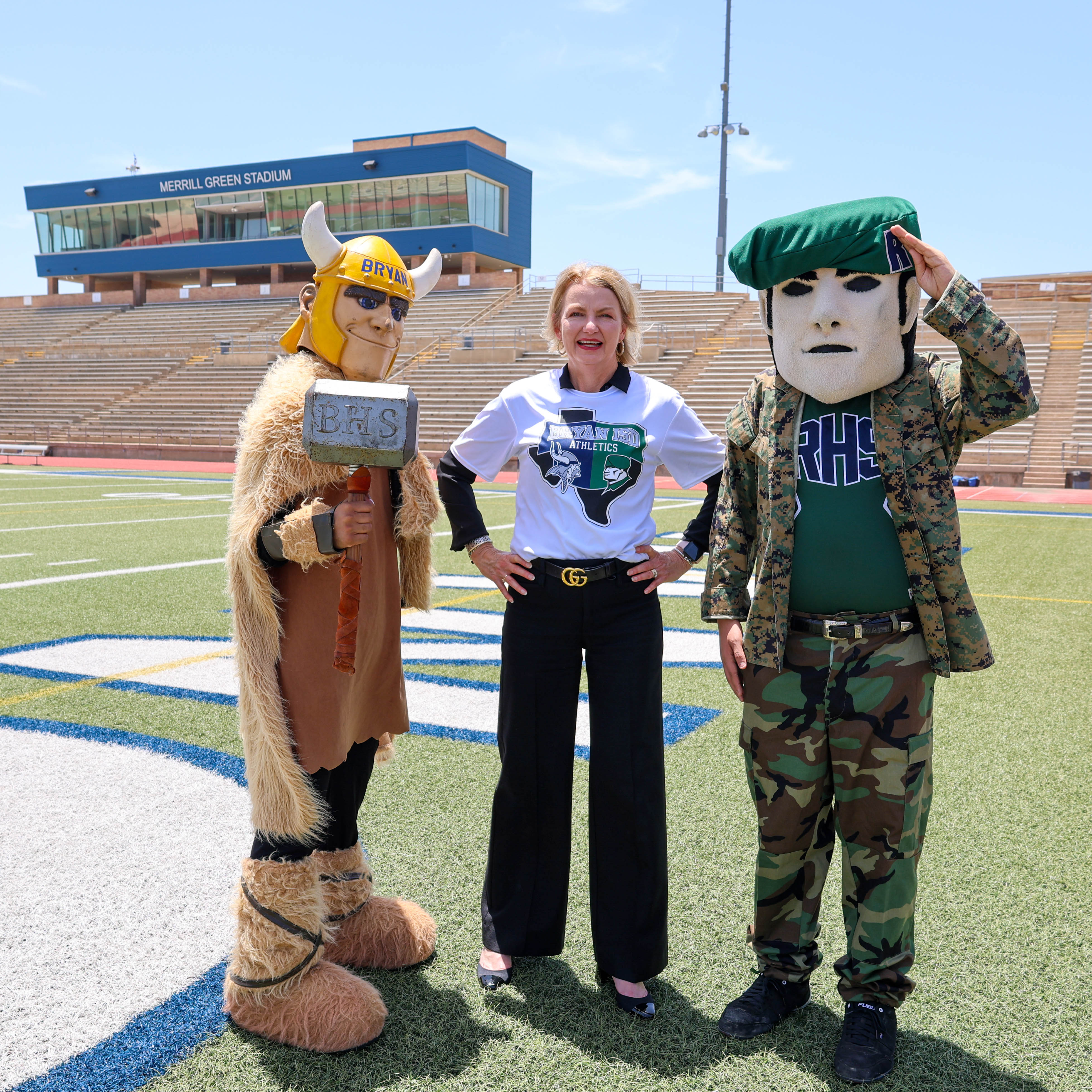 BHS and RHS mascots with Ginger Carrabine in the middle