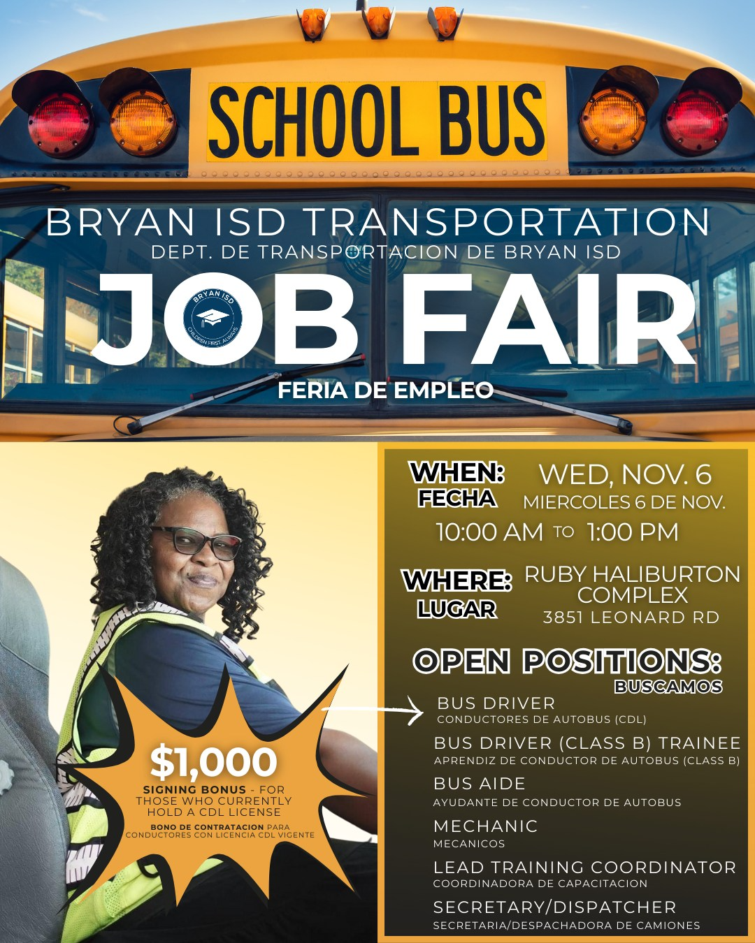 Bryan ISD Transportation Job Fair flyer - Nov. 6 2024 at Haliburton Auxiliary Complex