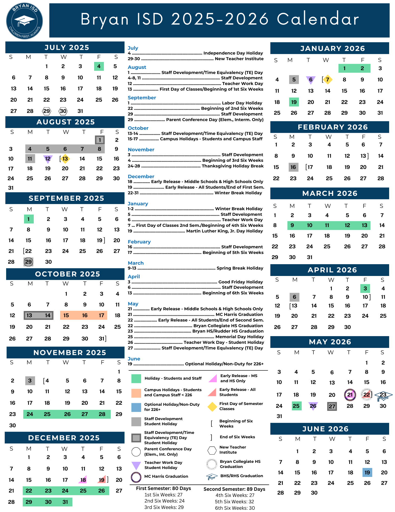 Bryan ISD 2025-2026 Calendar