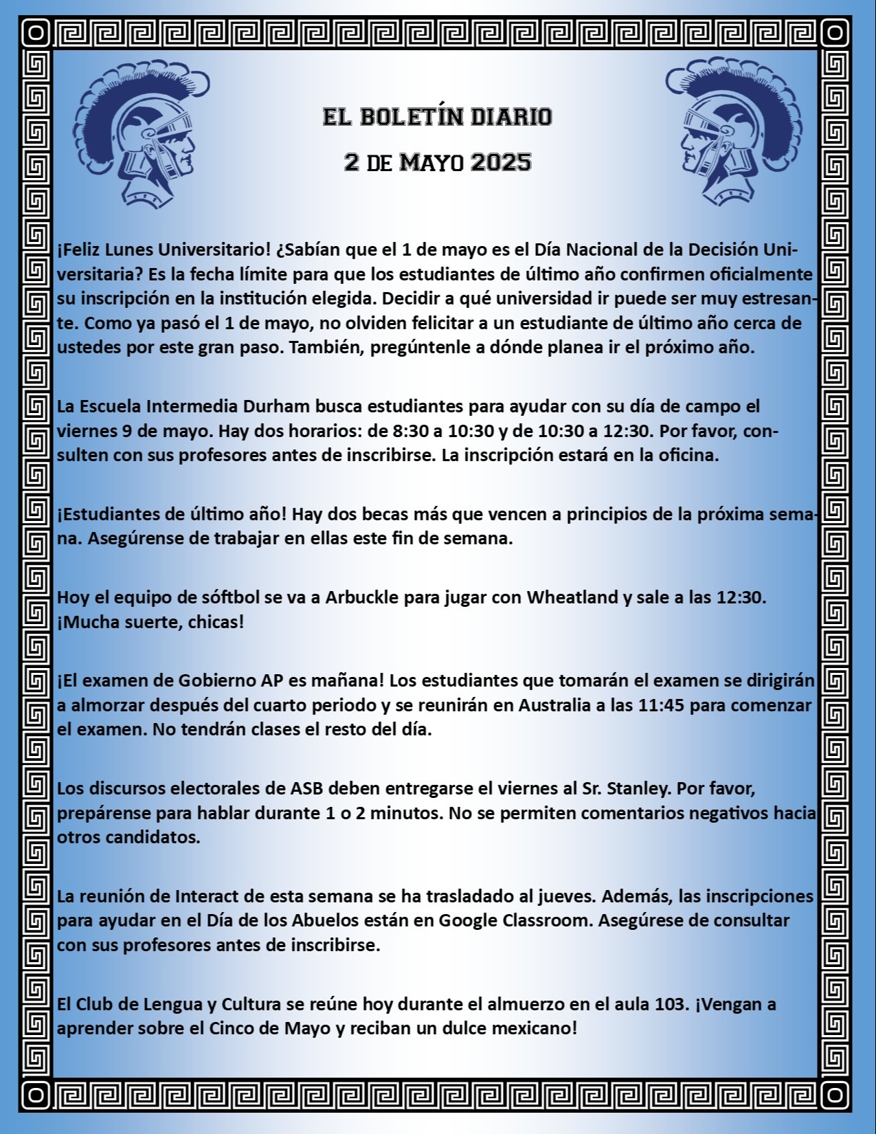 Picture of the Daily Bulletin Spanish
