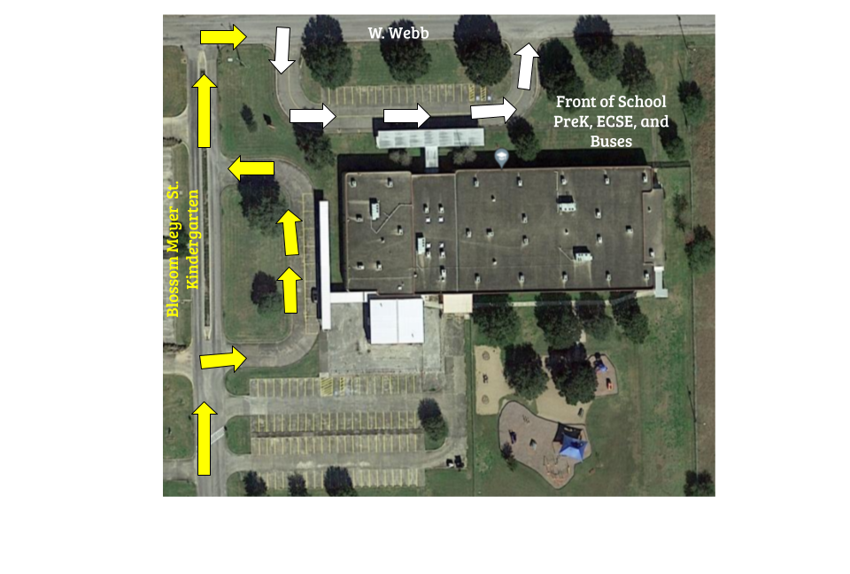 overhead view of campus with arrows showing where to pick up student