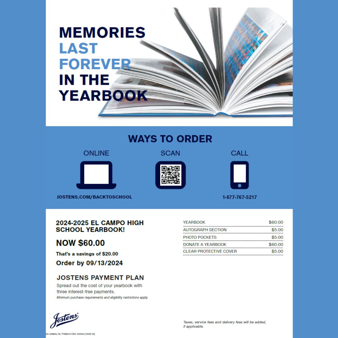 yearbooks are $60 if you order by september 13, 2024 at www.jostens.com/backtoschool or call 1-877-767-5217