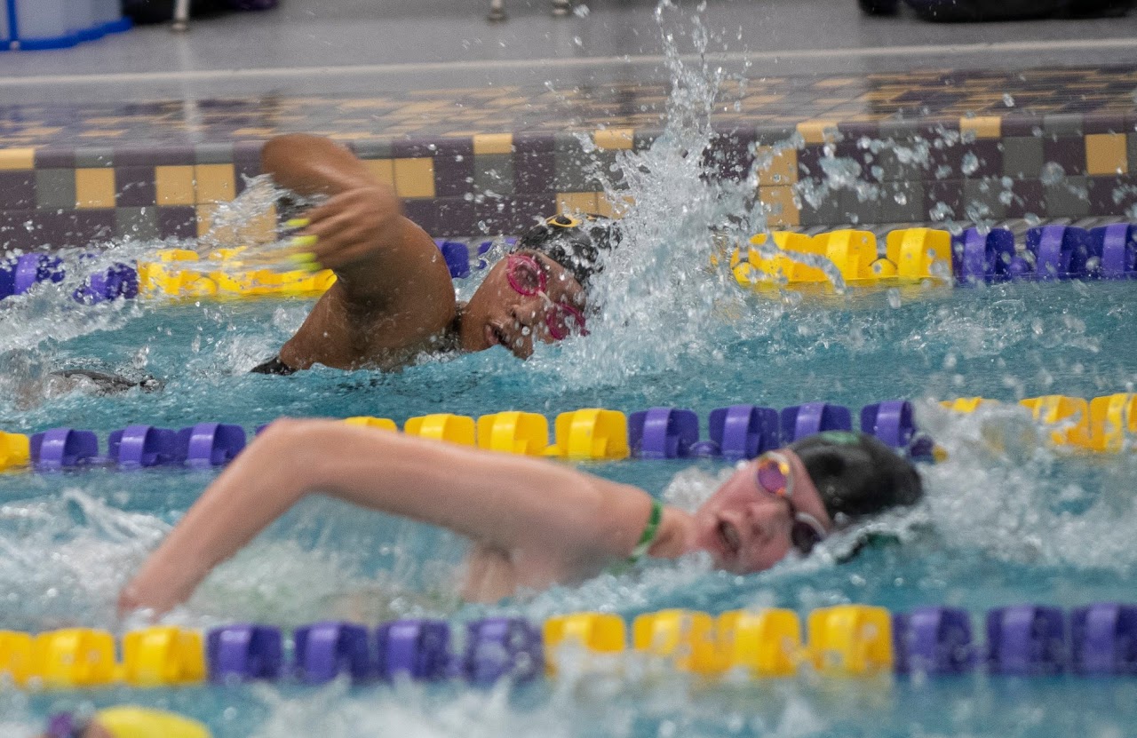 Swimming team at swimming pool practicing and having fun