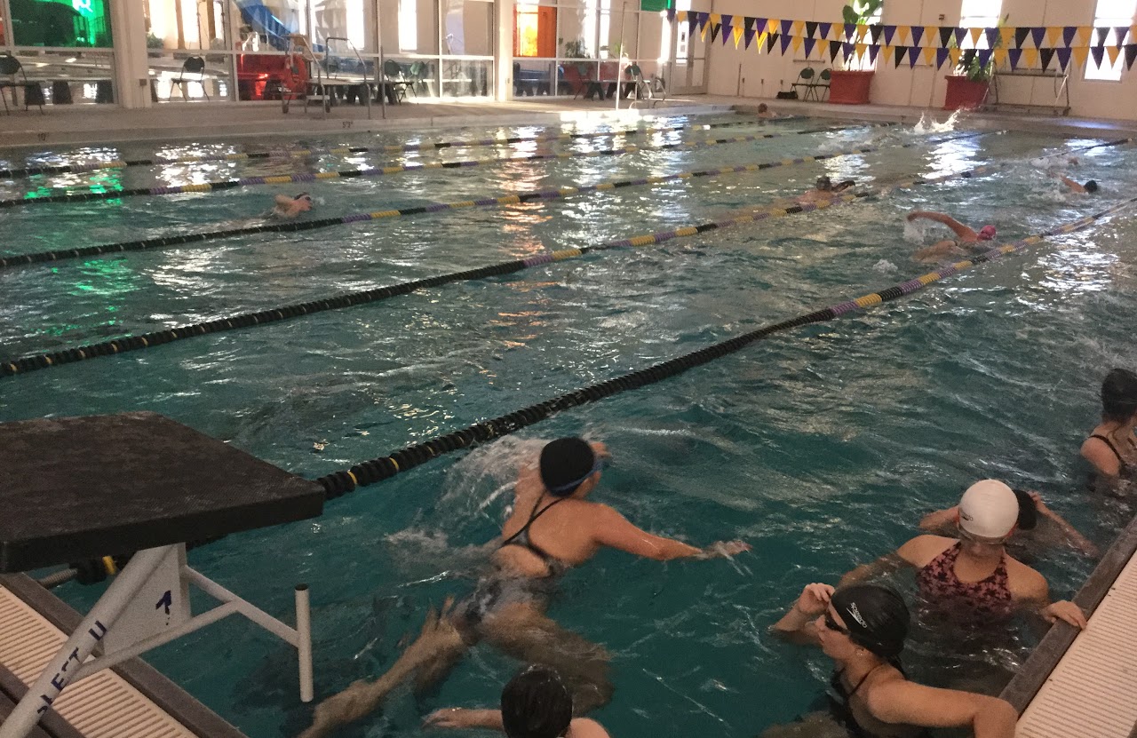 Swimming team at swimming pool practicing and having fun