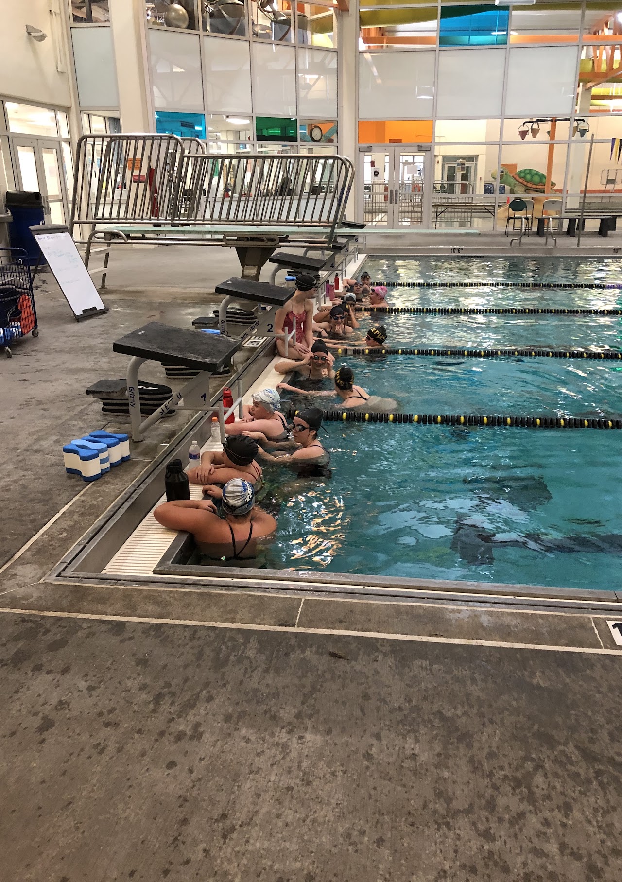 Swimming team at swimming pool practicing and having fun