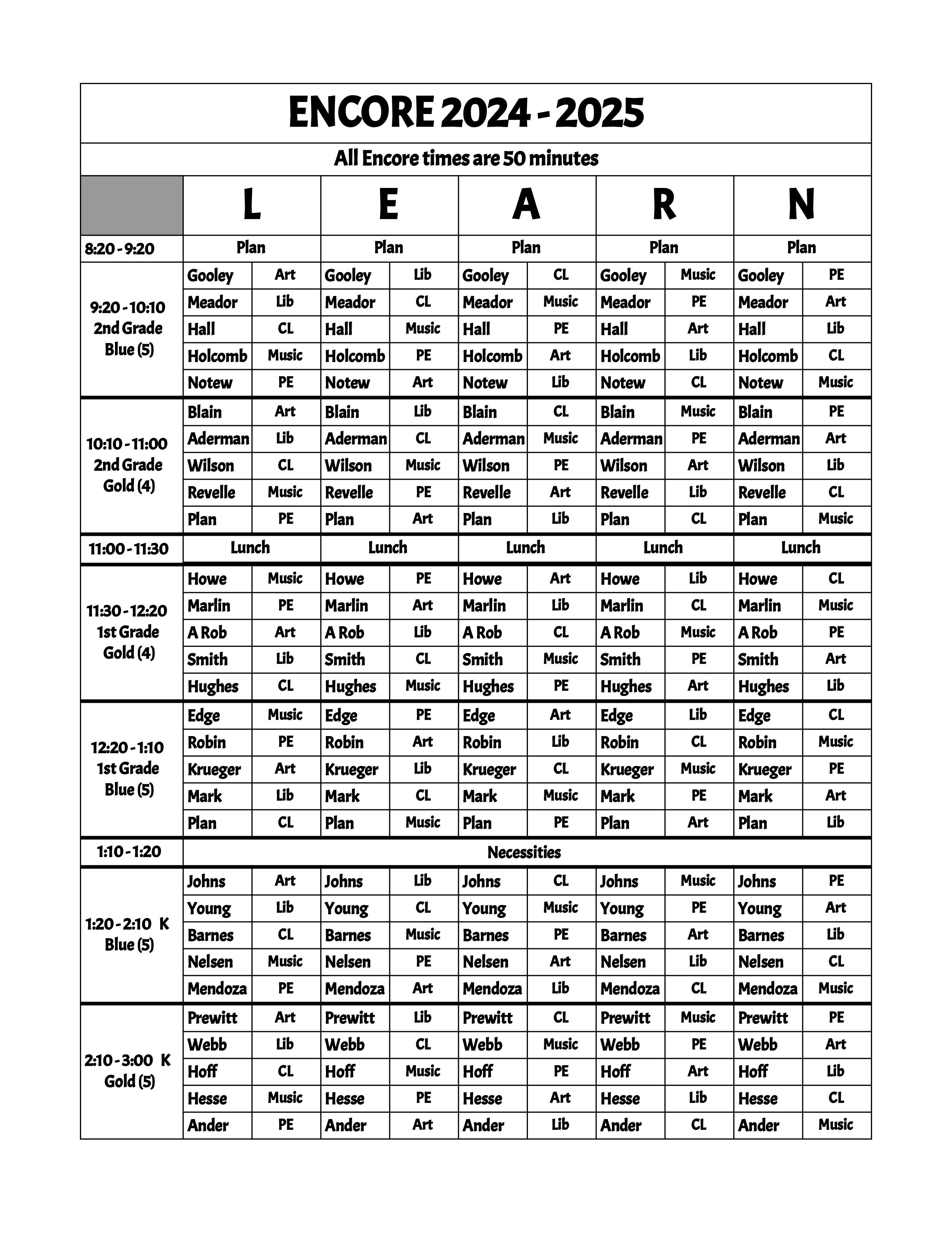 Encore Schedule