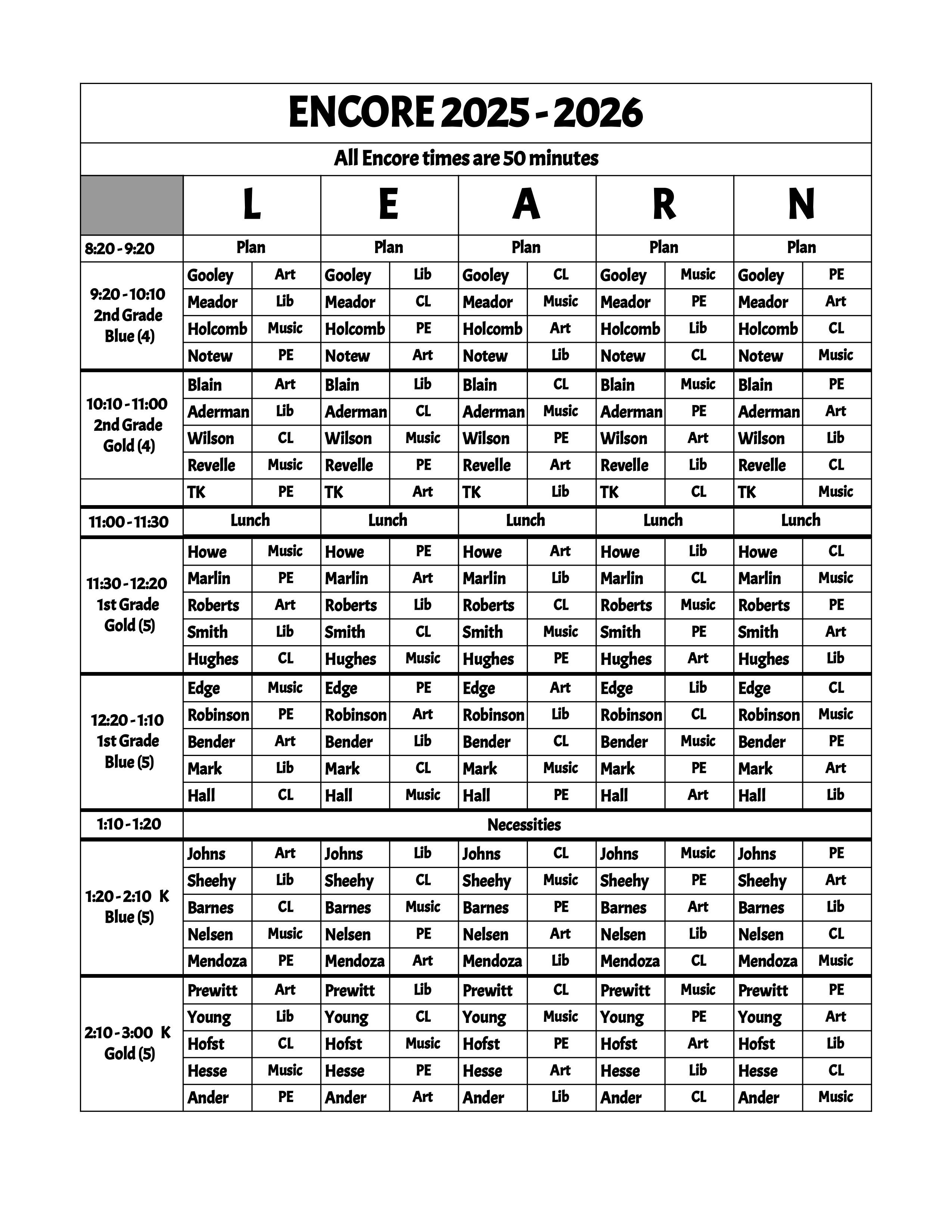 Encore Schedule