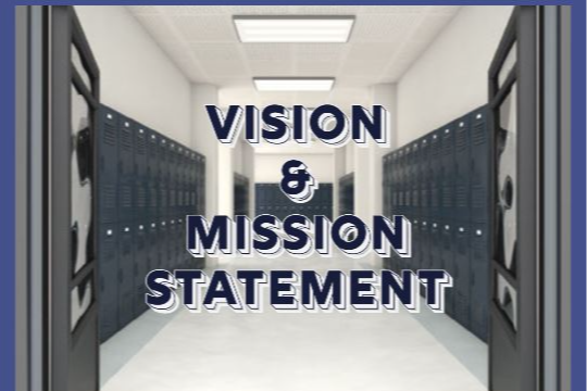 vision and mission statement text written over a picture of lockers in a hallway