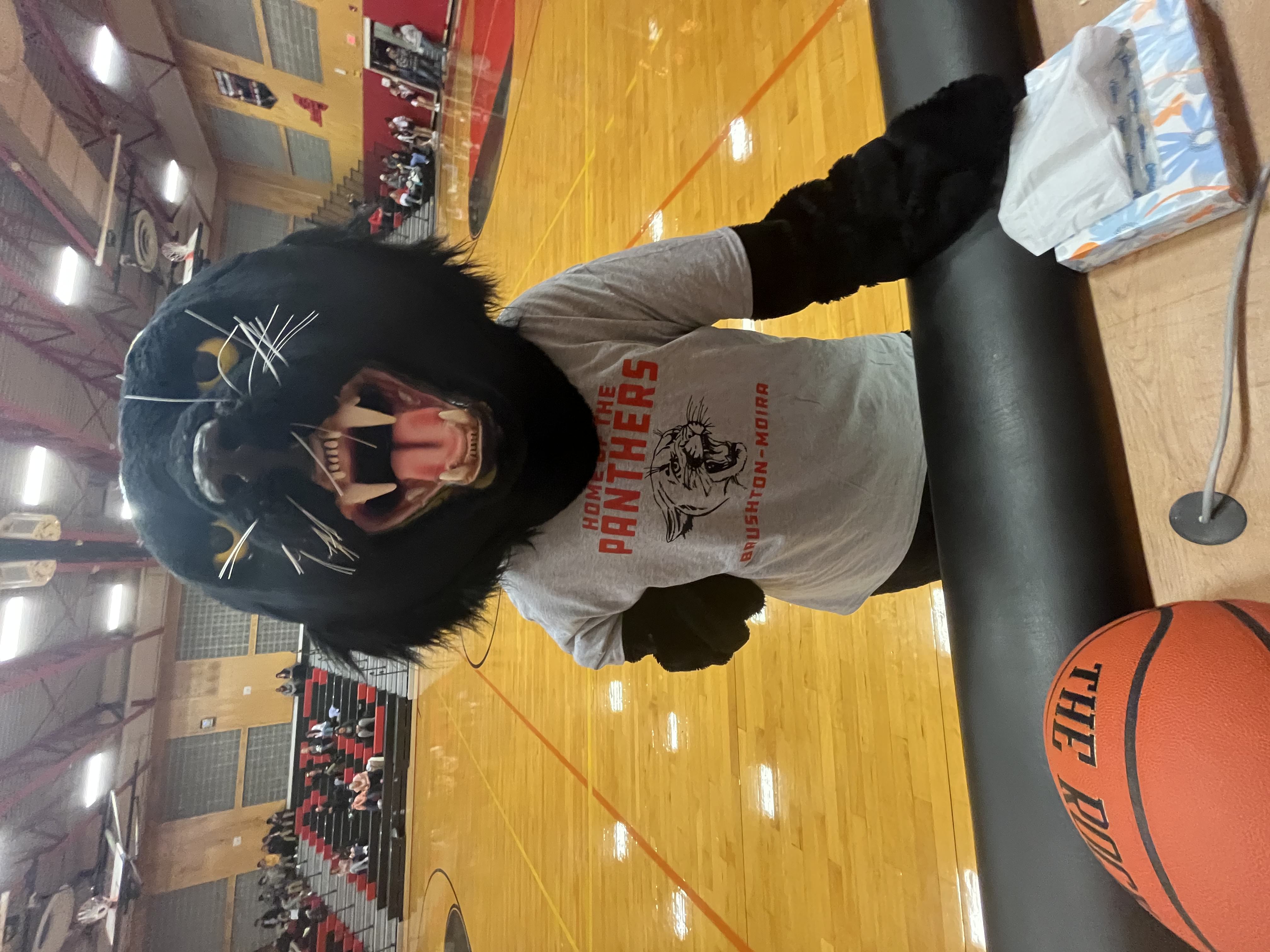 BMC Panther mascot stands in the gymnasium