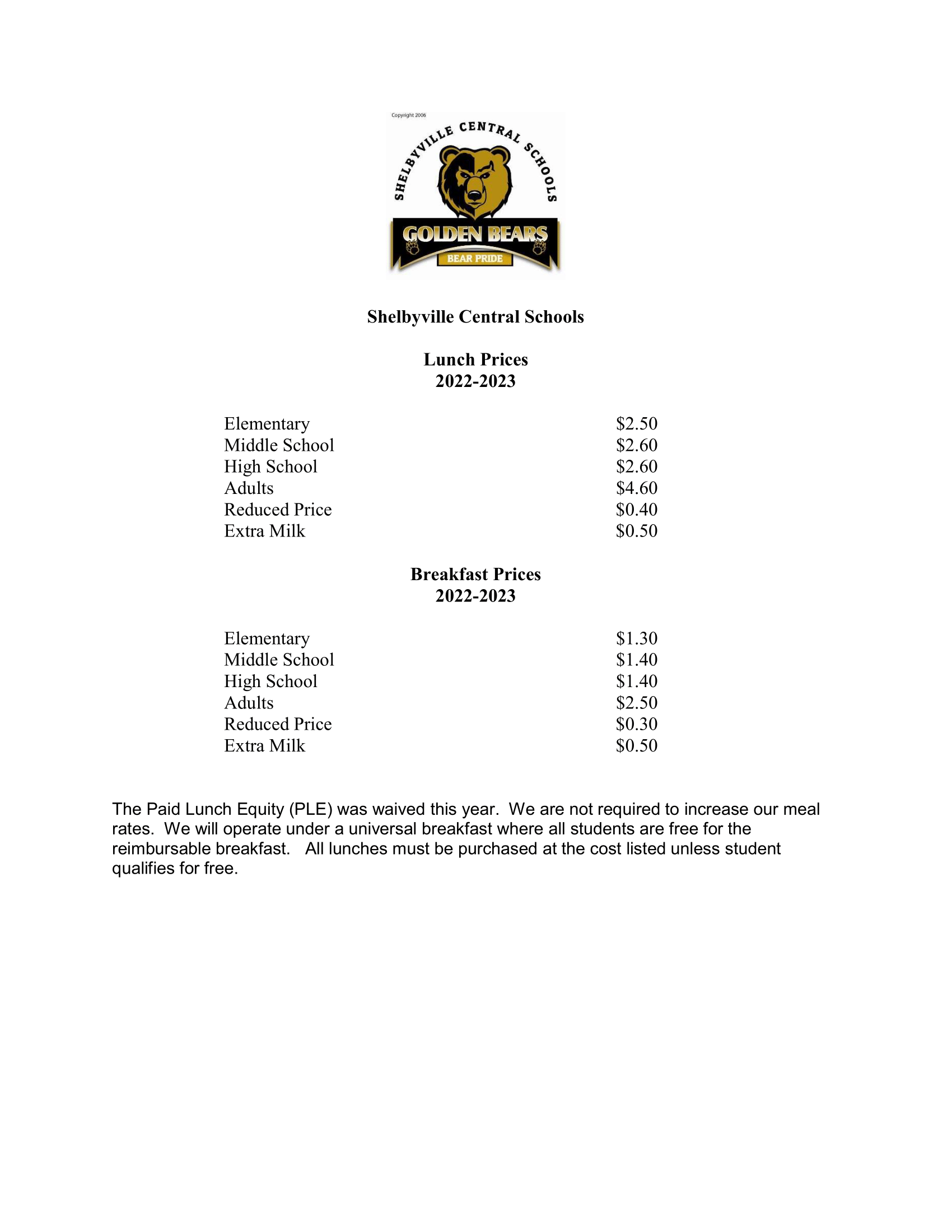 2022-2023 Meal Prices