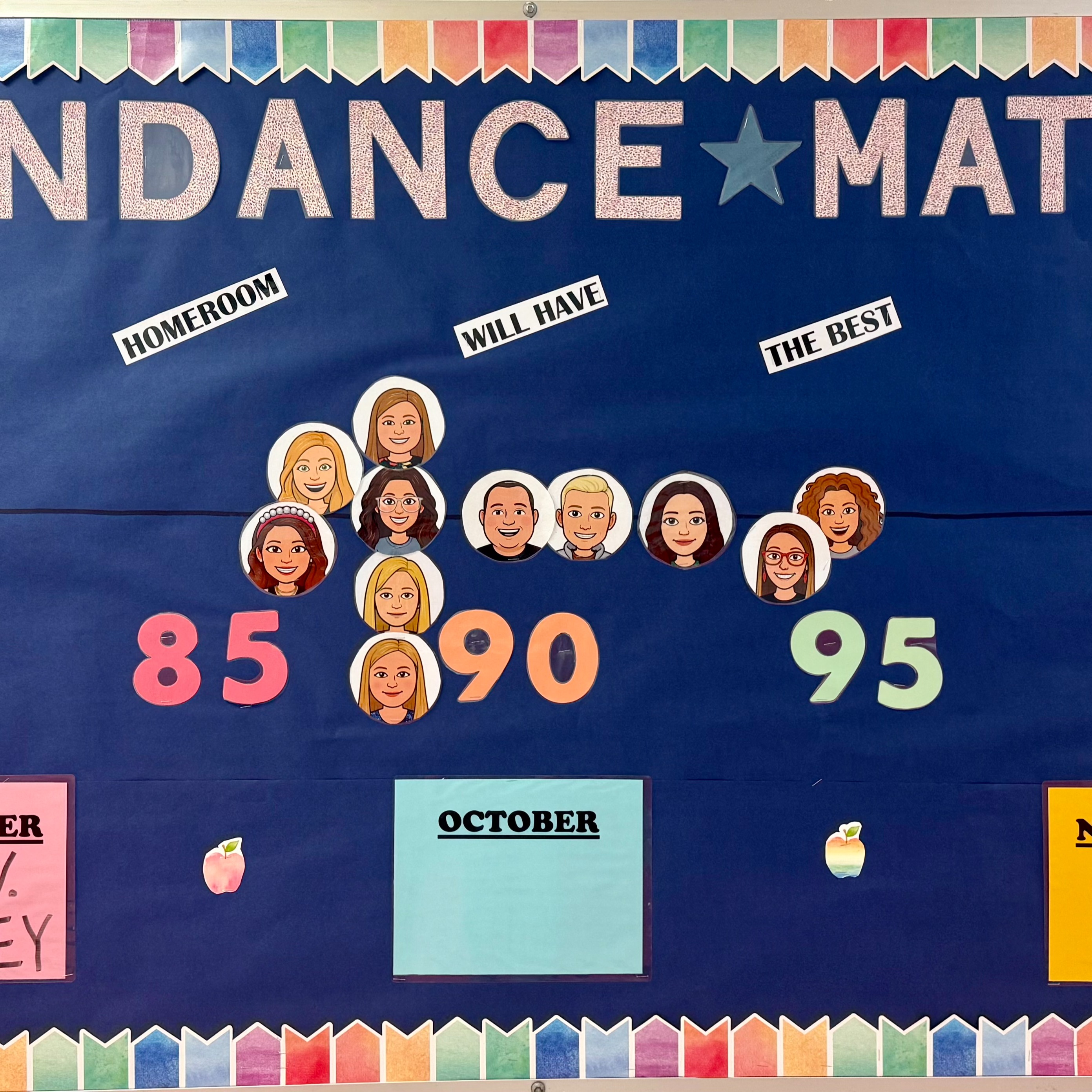 Blue bulletin board with "Attendance Matters" in white, photos of smiling people, numbers 80-100, months September to November, and colorful borders.