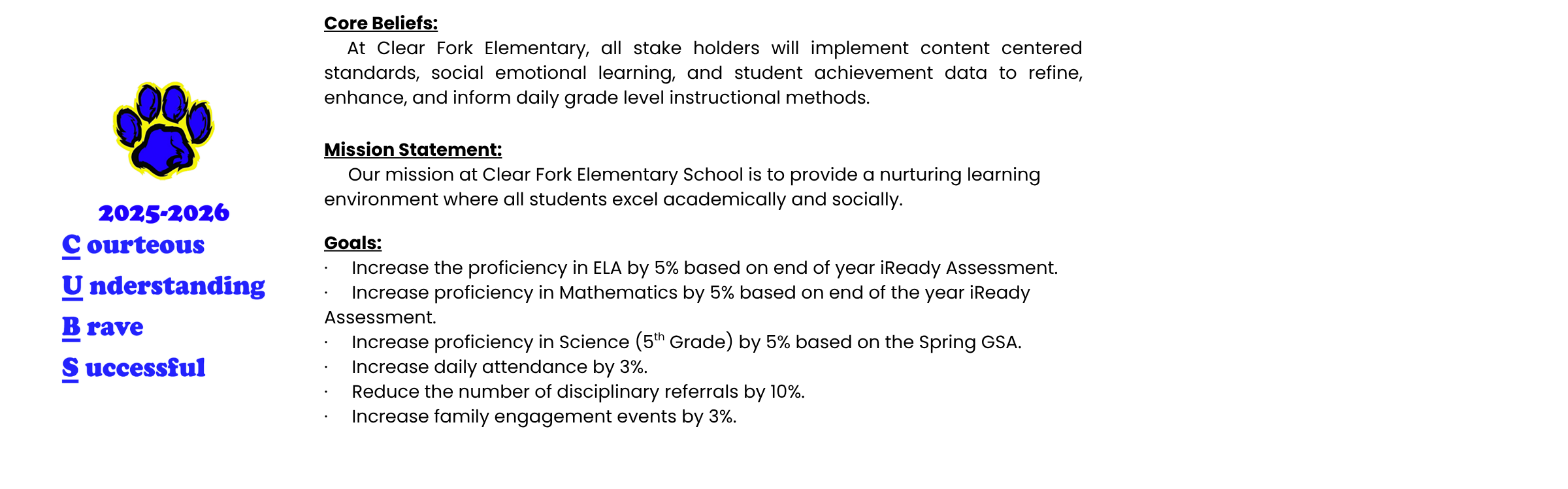 Clear Fork elementary School Mission Statement, Core Beliefs, and Goals