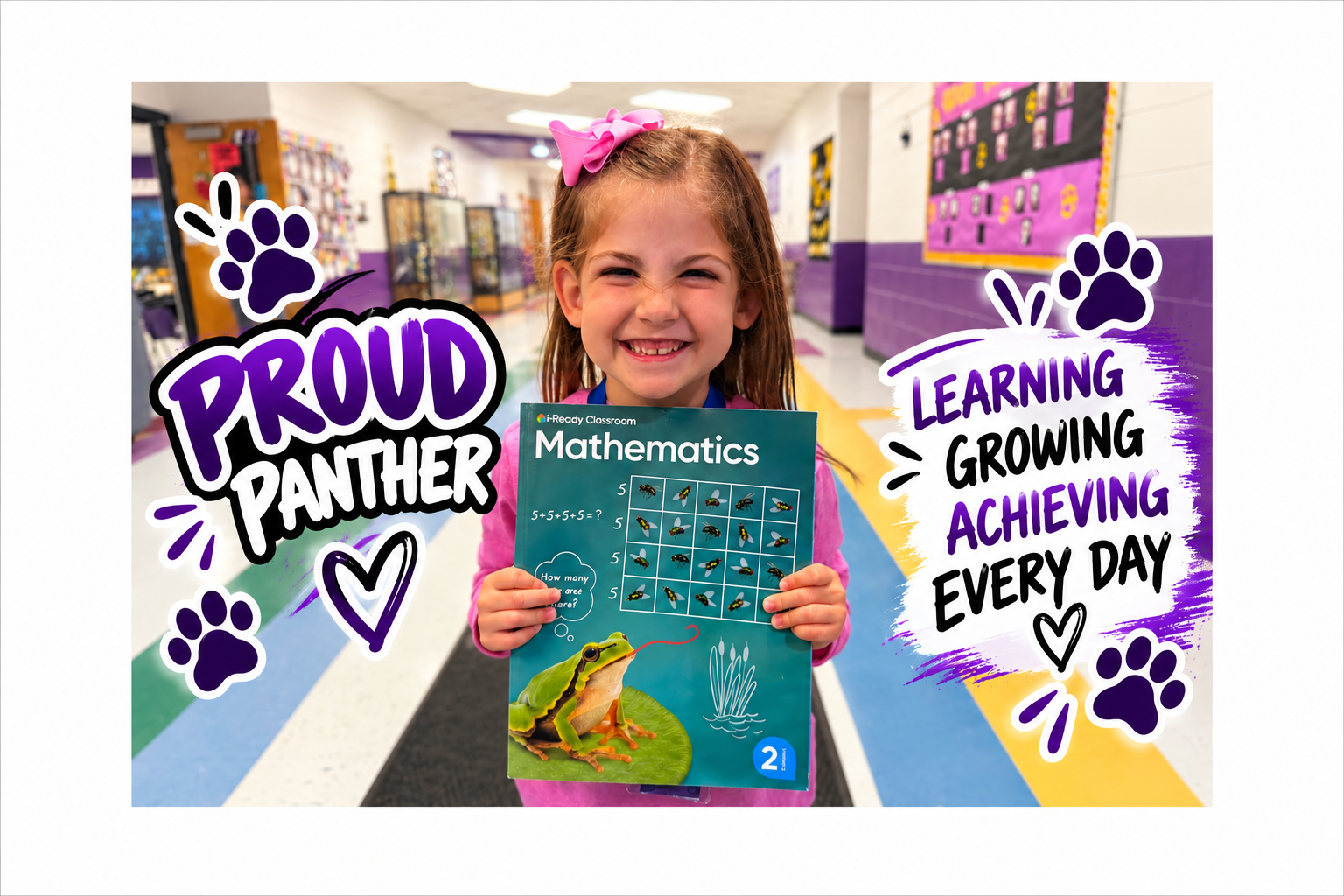 A girl with a pink bow holds a book. Text overlays include "Proud Panther" and "Learning, Growing, Achieving Every Day."