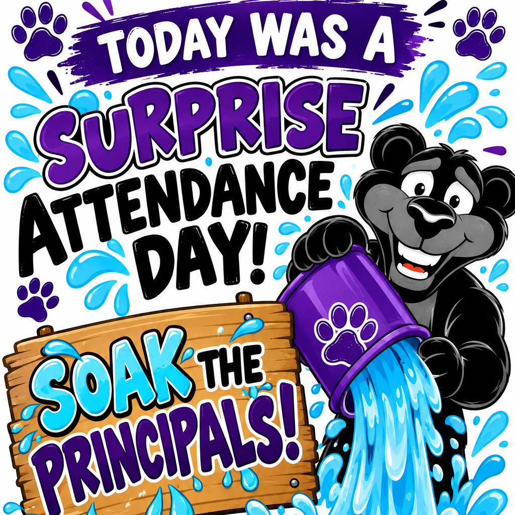 A bear pouring water on a sign with a paw print. Text reads "Today was a surprise attendance day! Soak the principals!"