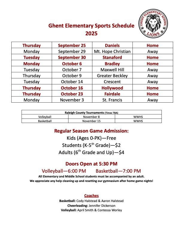 Ghent Elementary Sports Schedule 2025