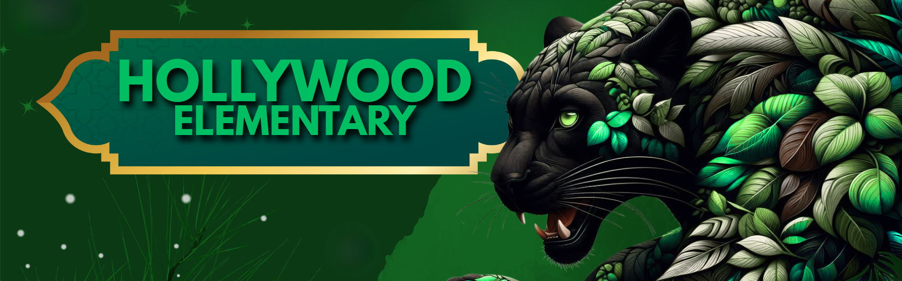 Green banner with a black panther with the text Hollywood Elementary.