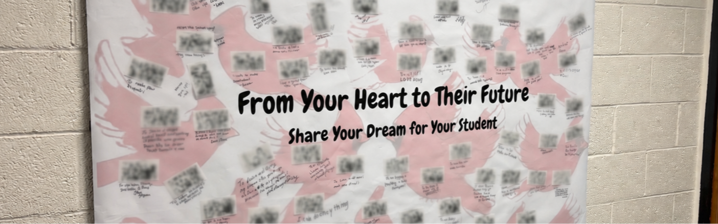 A bulletin board displays a message "From Your Heart to Their Future" with blurred pictures and text. Mounted on a white brick wall.