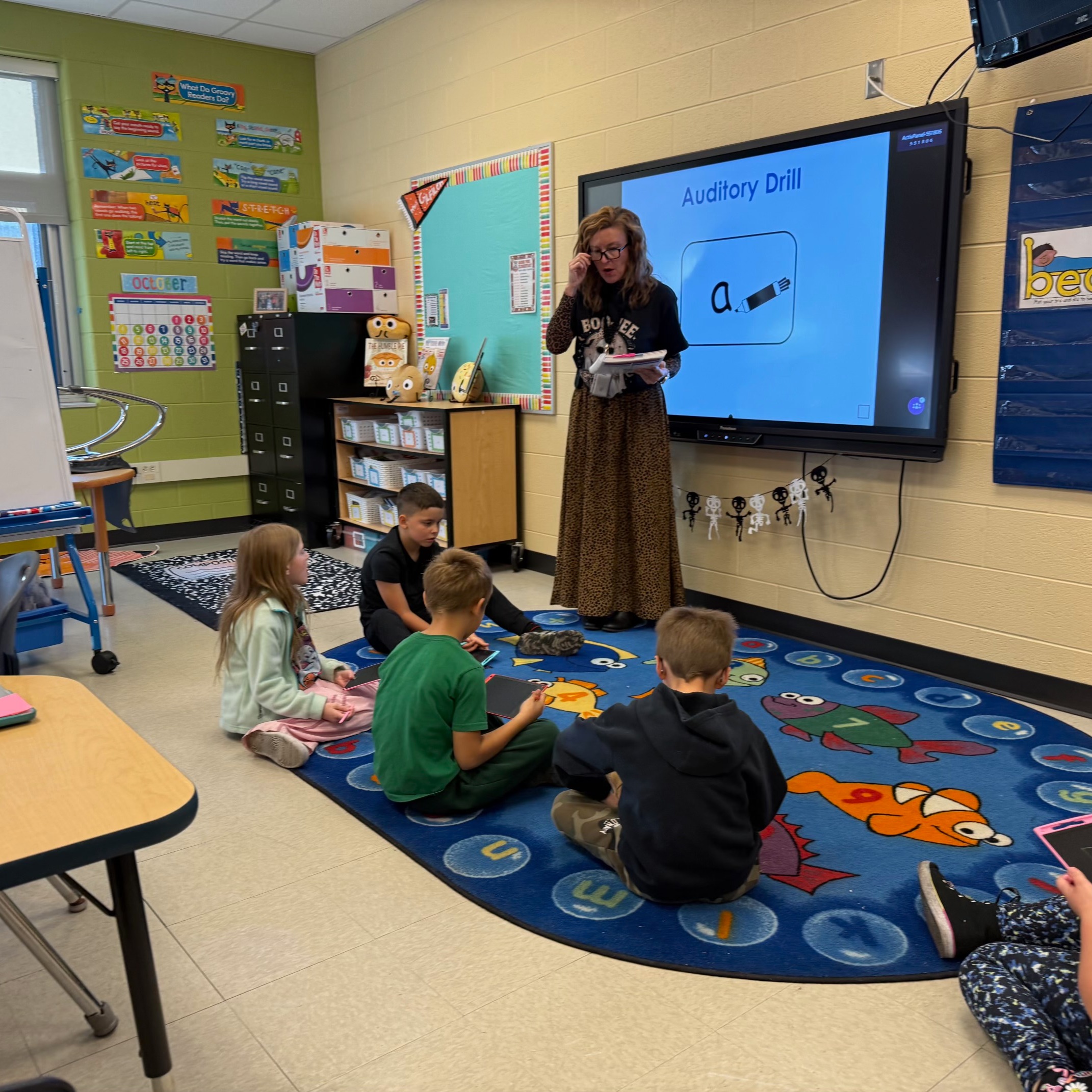A teacher stands before a classroom screen while several students sit on a rug listening.