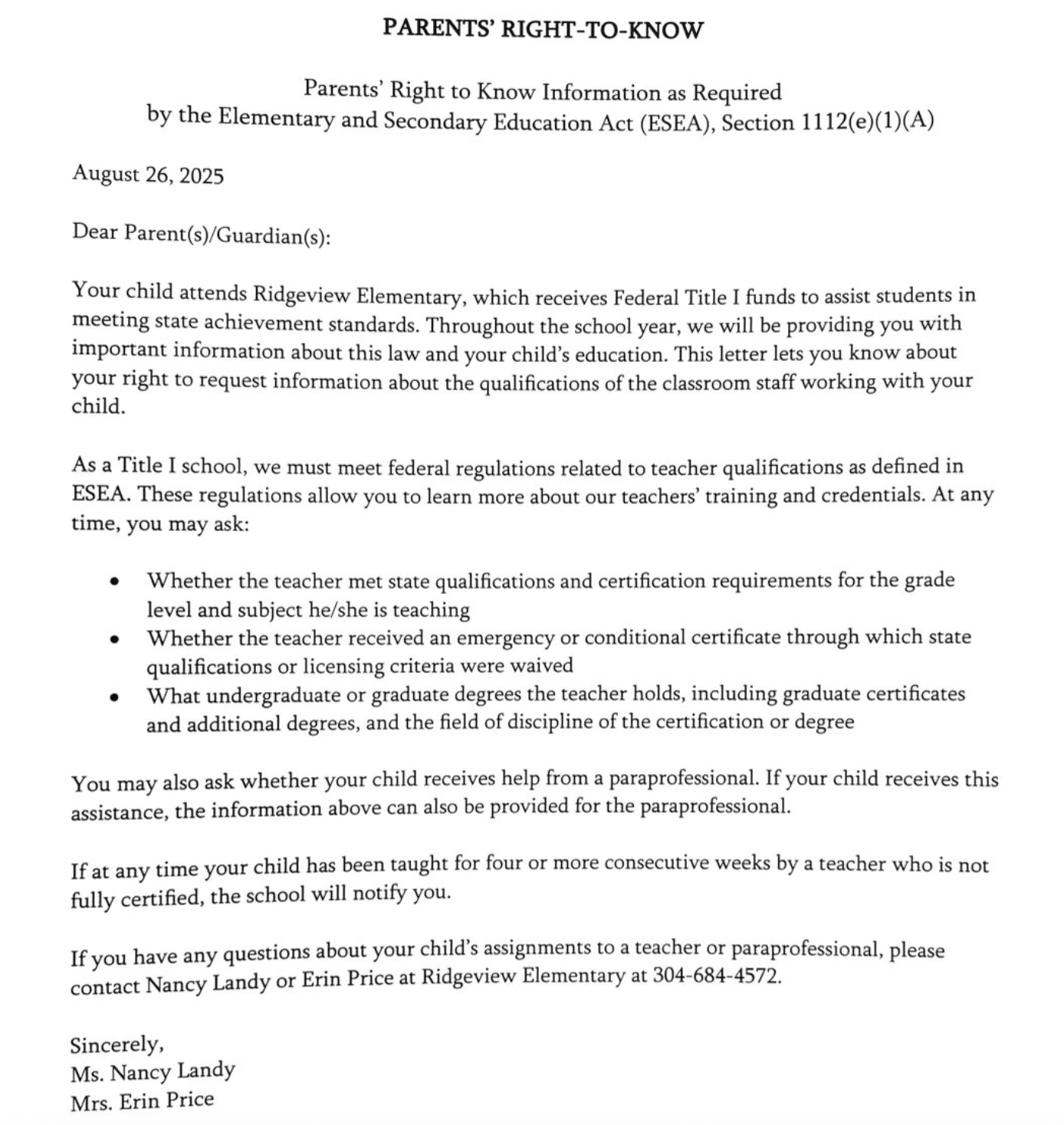 Parents'  Right to Know