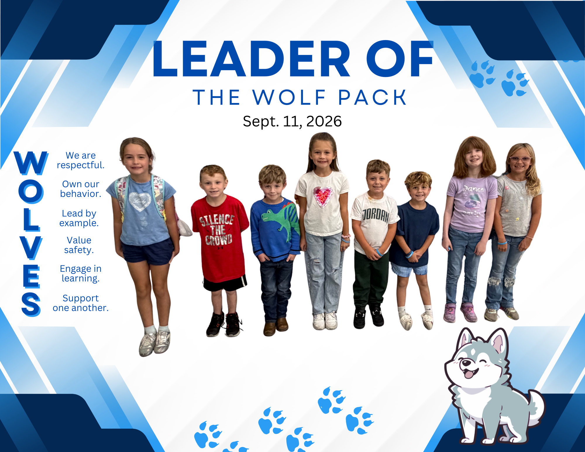 Seven children stand in a row, smiling for a picture. A wolf mascot and paw prints appear in the background.
