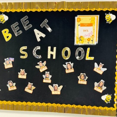 A bulletin board with the words 'Beat School' on it, with small photos of students arranged in a row.