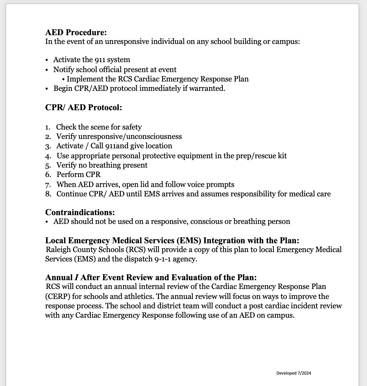 Raleigh County School Cardiac Emergency Response Plan for Schools and Athletics