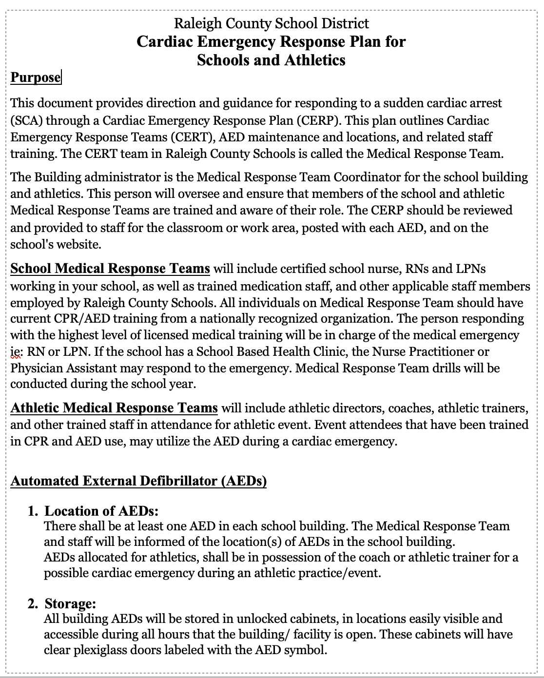 Raleigh County School Cardiac Emergency Response Plan for Schools and Athletics