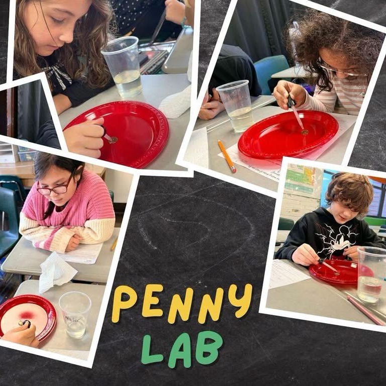 Multiple children seated around tables using lab equipment and red plates for an experiment.