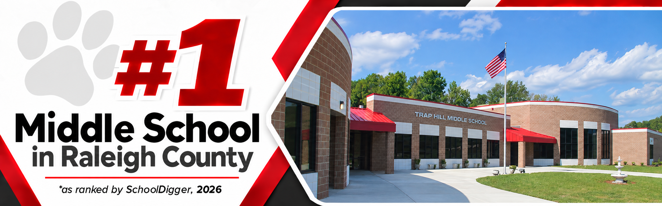 A picture of the exterior of Trap Hill Middle School with "#1" and text about being the top middle school in Raleigh County